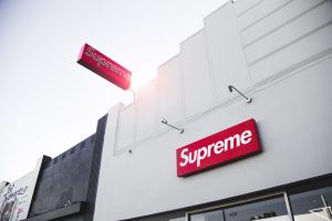 The sun shines over the Los Angeles Supreme store front