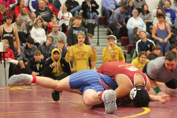 Conestoga taking down a Palmyra wrestler.