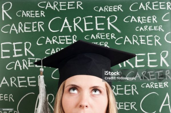 thinking young woman student in front of "career" words written blackboard